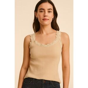 Chico's Lace Trim Ribbed Tank Top Beige Nude Size 2 (M/L)